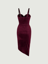 Frill Trim Ruched Asymmetrical Hem Velvet Cami Dress